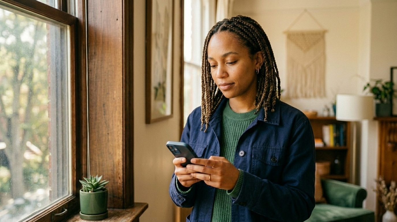 The validation loop. Woman on a couch at night, phone glow on her face, caught in the pull of a dating app.