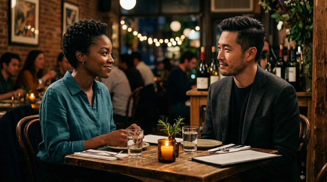 First-date conversation after a breakup. Two people settle into easy conversation over coffee.