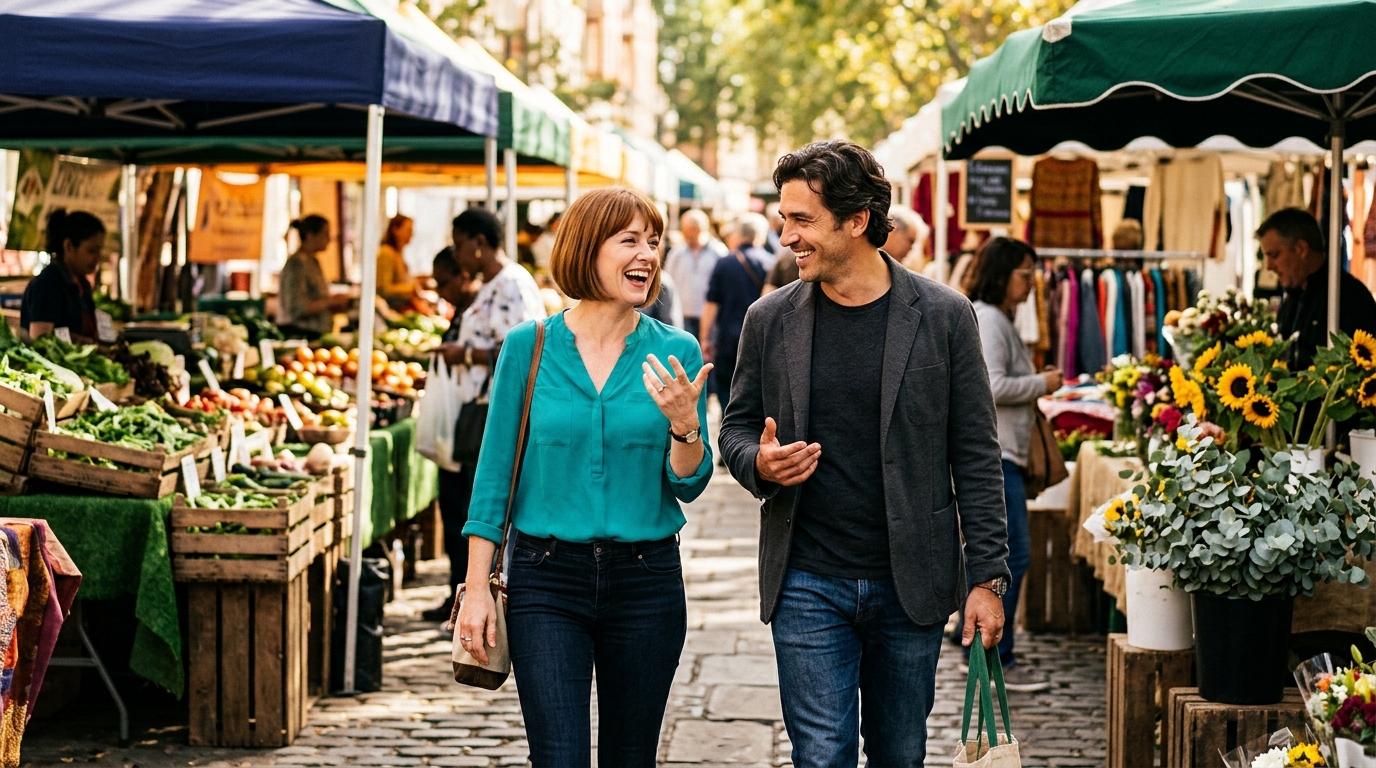 Dating conversation starters that work. Two people laugh together on a date, relaxed and engaged.