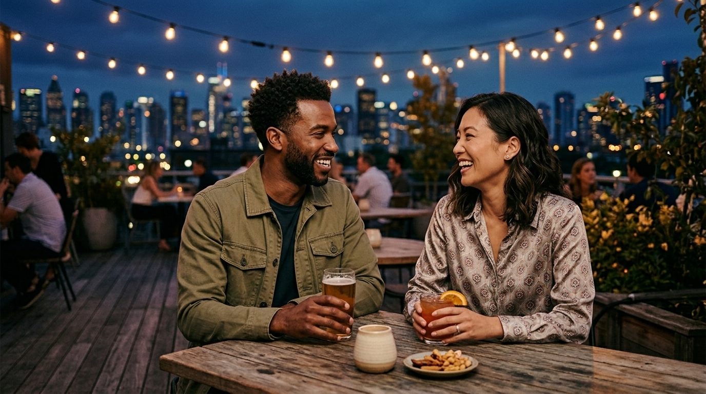 Date conversation to avoid. Two people stay present and engaged with phones away on a date.