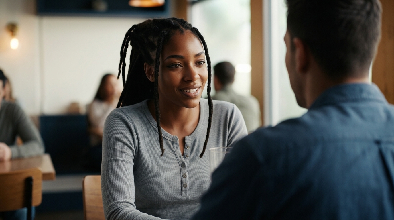 Dating from intention. Man on a genuinely enjoyable low-key date, present and unhurried.
