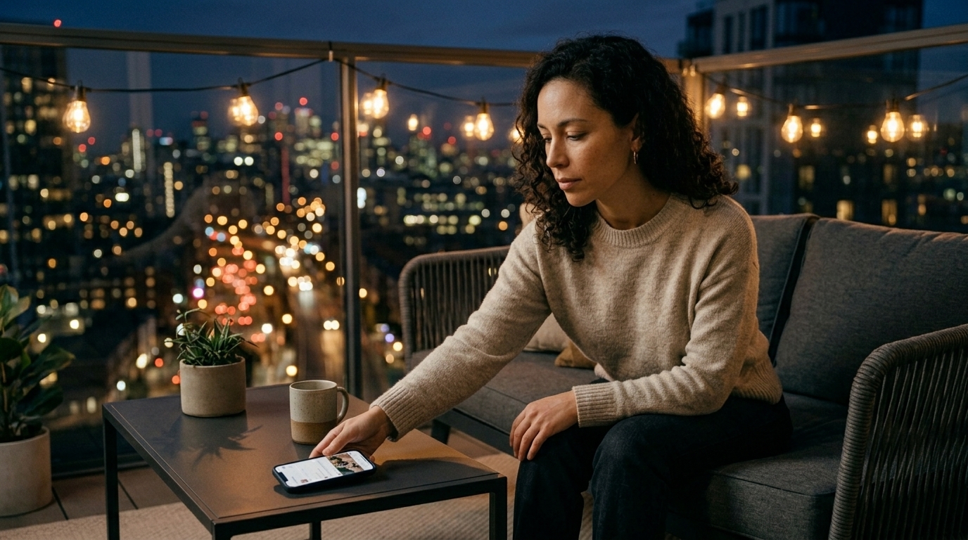 Dating trends 2026. Woman decisively setting down her phone mid-scroll, choosing intention over endless swiping.