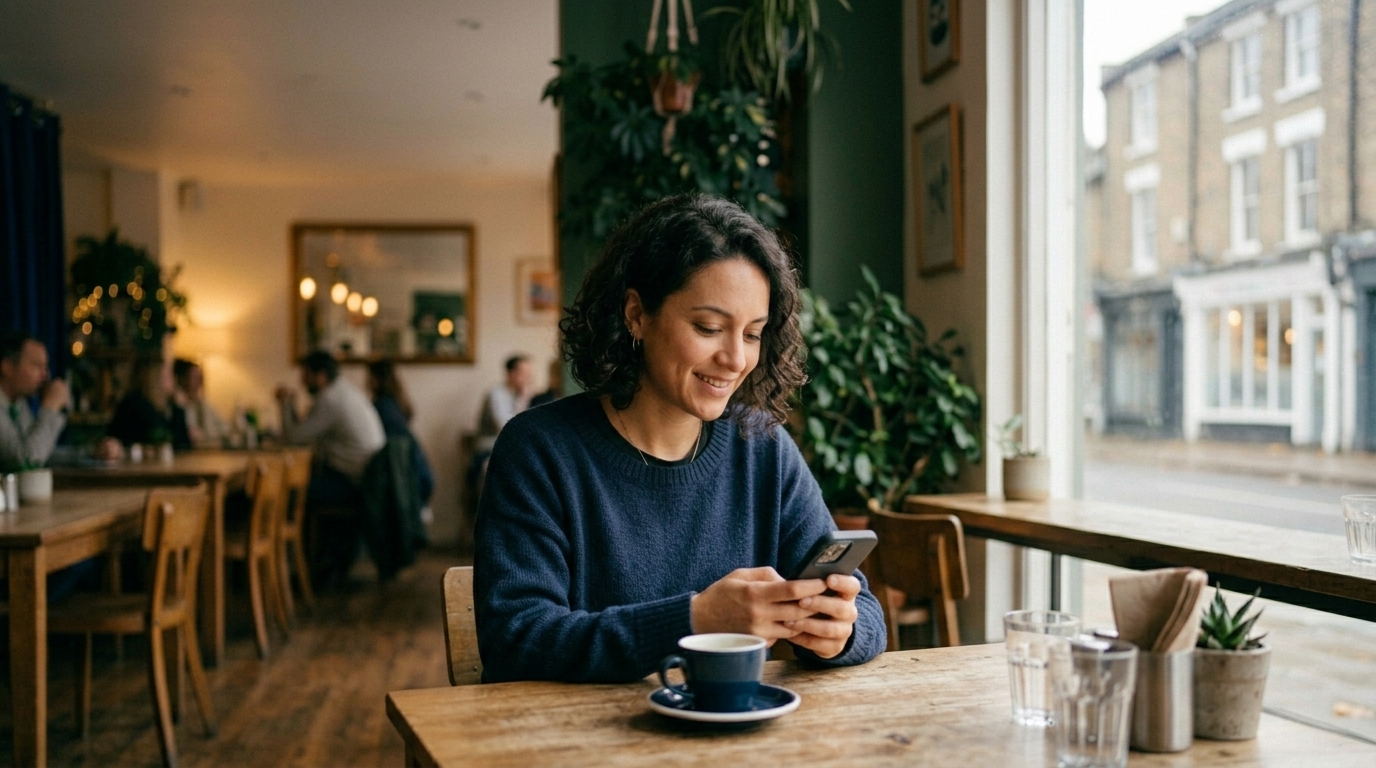 2026 dating glossary. Woman calmly recognizing a disappearing-act pattern on her phone, unbothered rather than hurt.