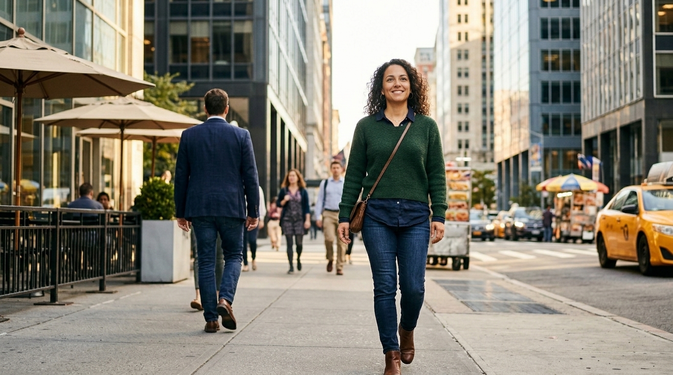 Dating after a breakup in 2026. Woman walking outdoors, calm and self-possessed, dating on her own terms.