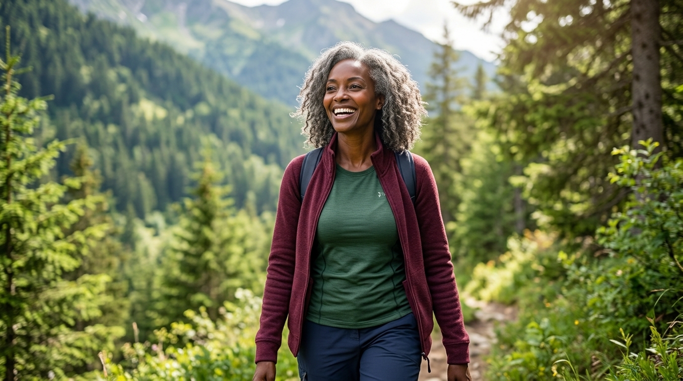 Building solo capacity. Woman on a solo nature hike along a scenic trail, energized and absorbed.