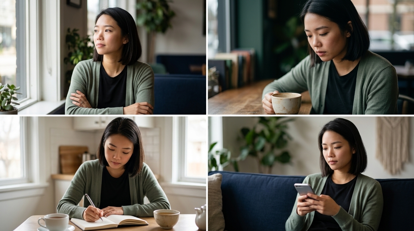 Recovering from a friendship breakup. Woman journals at a kitchen table, working through the loss steadily.