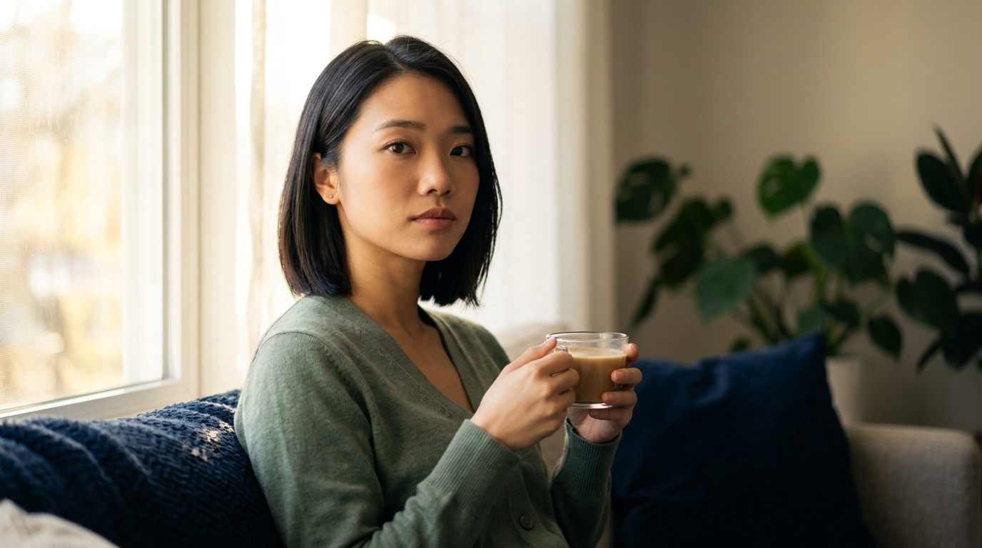 Repair or release a friendship. Woman sits thoughtfully with her phone, weighing whether to reach out.