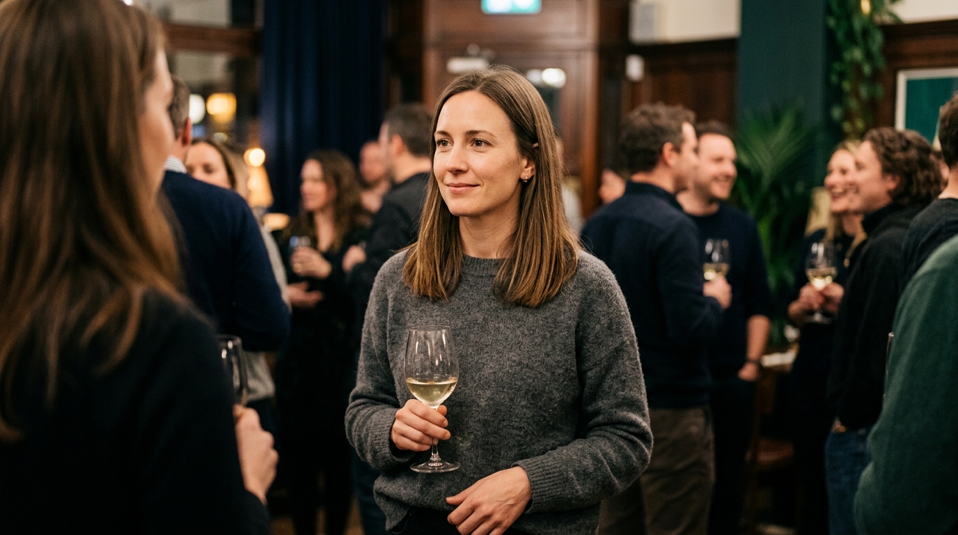 Handling breakup questions. Woman at a gathering stays composed as someone asks about her breakup.