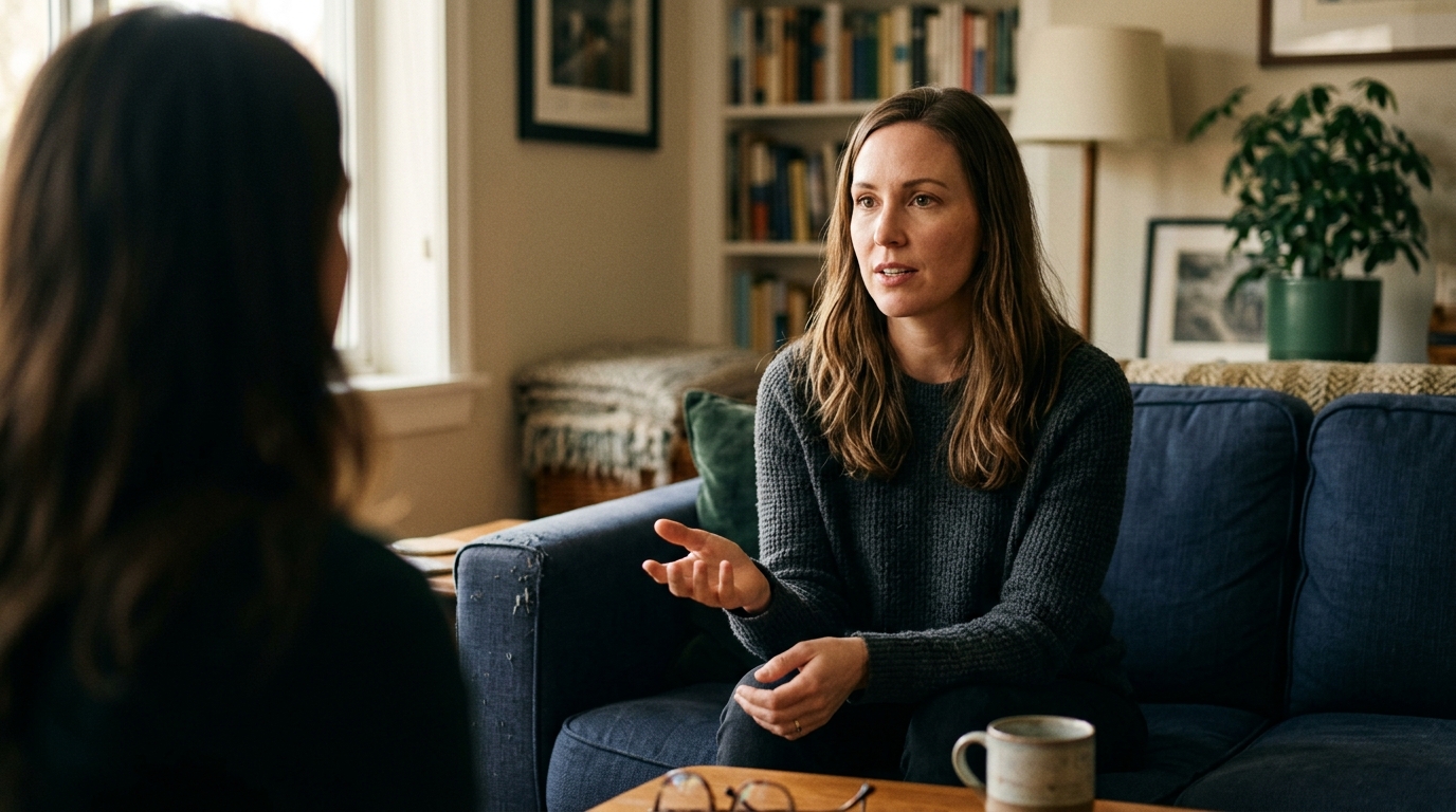 Tiered answers for breakup questions. Woman speaks openly with one trusted friend at a cafe table.