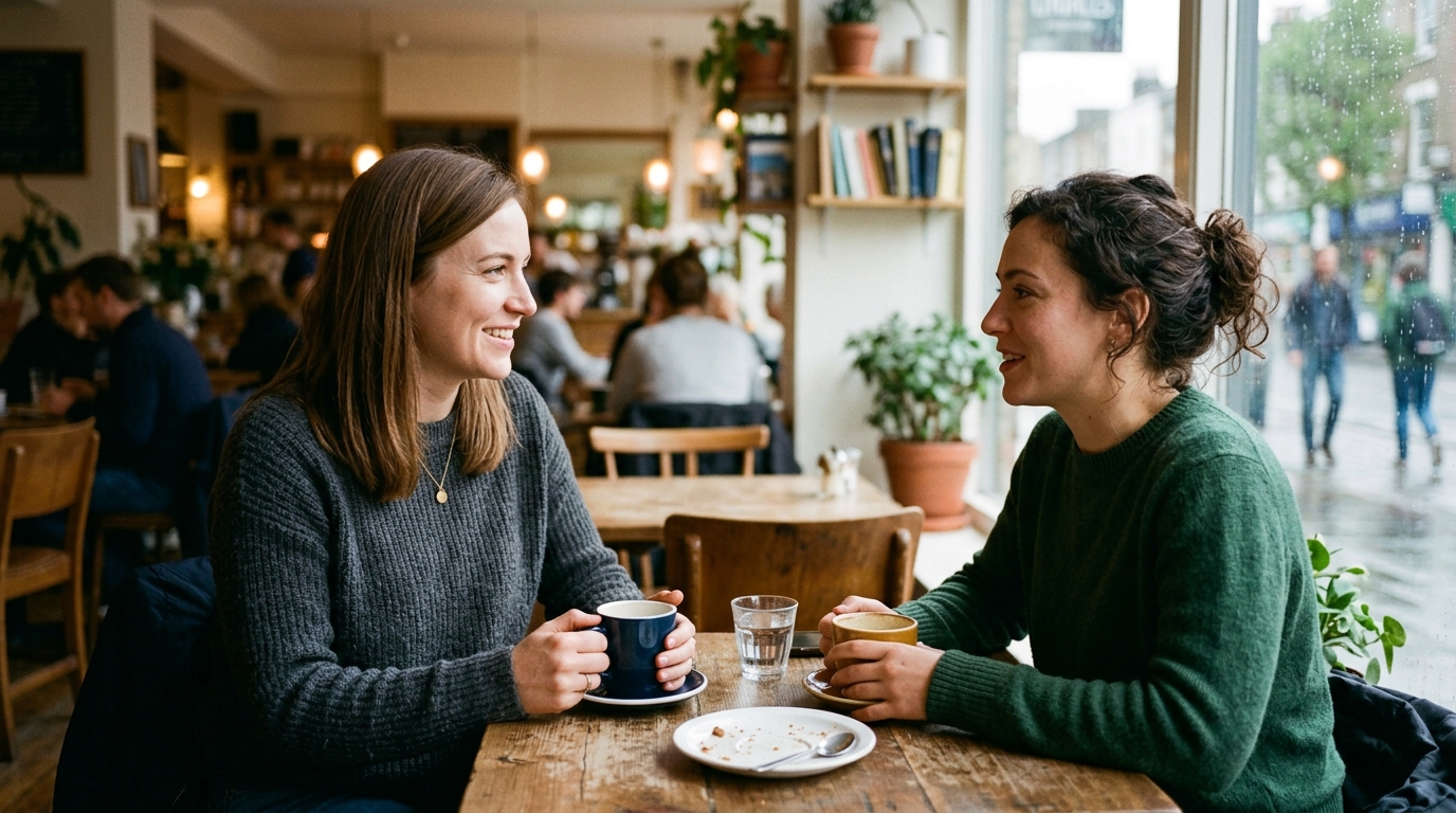 Handling pushy breakup questions. Woman calmly holds a boundary, polite but firm, in conversation.