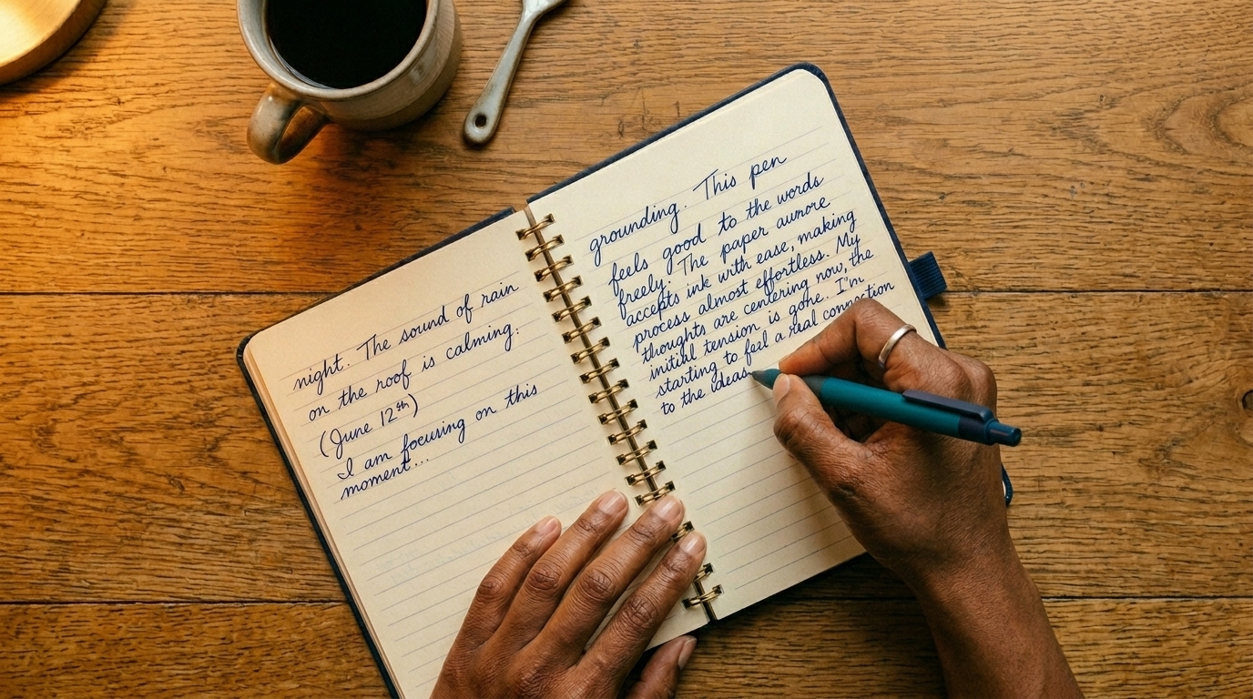 Hands writing the accurate account of a relationship in a notebook during heartbreak recovery