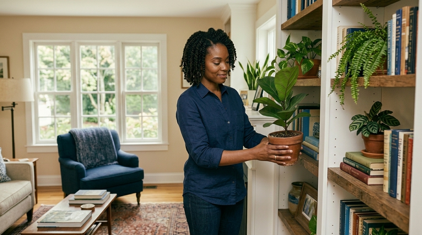 Woman rebuilding her living space, avoiding the derailers that stall heartbreak recovery