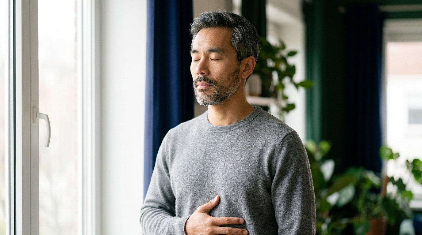 Meditation for breakup anxiety. Man sits upright on a couch doing a simple breathing practice, calm and settled.