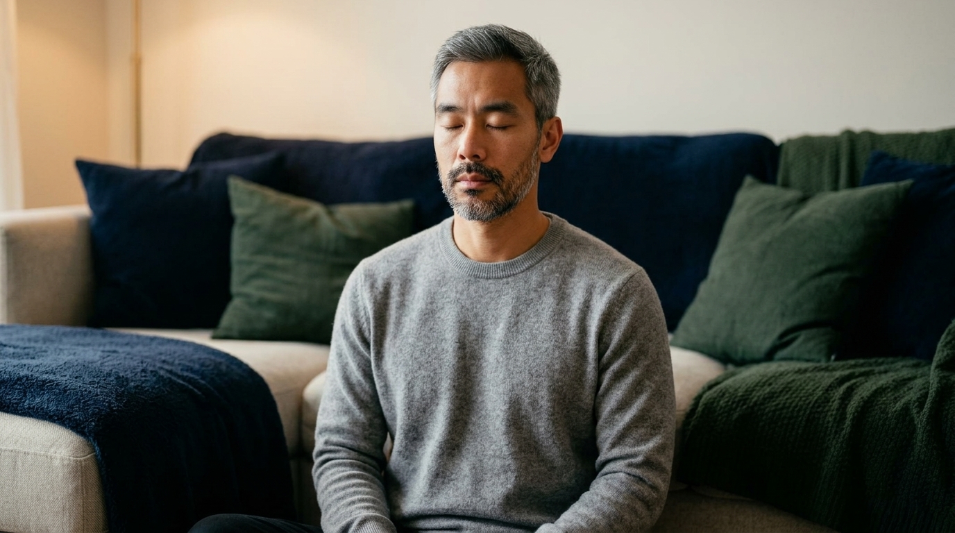 Breathing for breakup anxiety. Man takes a slow deliberate breath by a window, hand on his stomach, grounded.