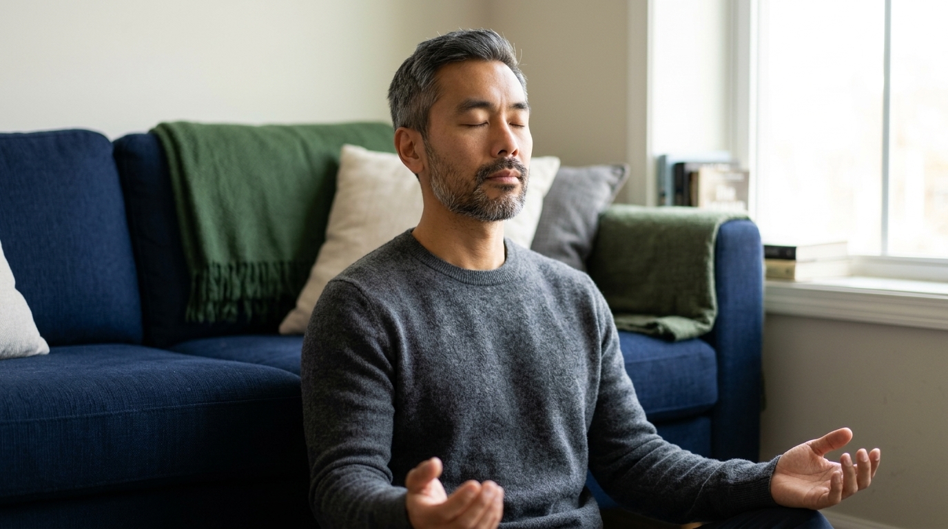 Brief calming resets. Man pauses for a short calming breath at a kitchen counter mid-day.