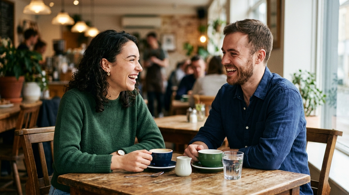 Understanding love languages. Two people in warm conversation across a kitchen table, genuinely connecting.