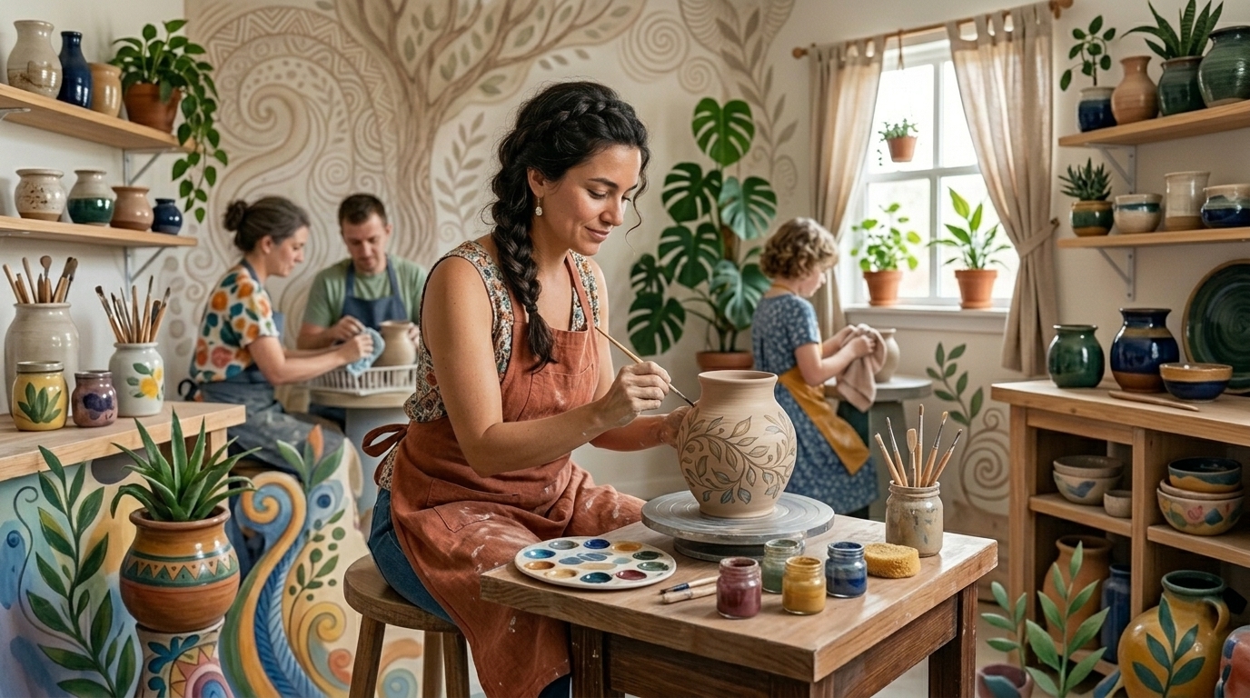 Starting a social hobby. Woman arrives at a class for the first time and settles in, a little new but at ease.