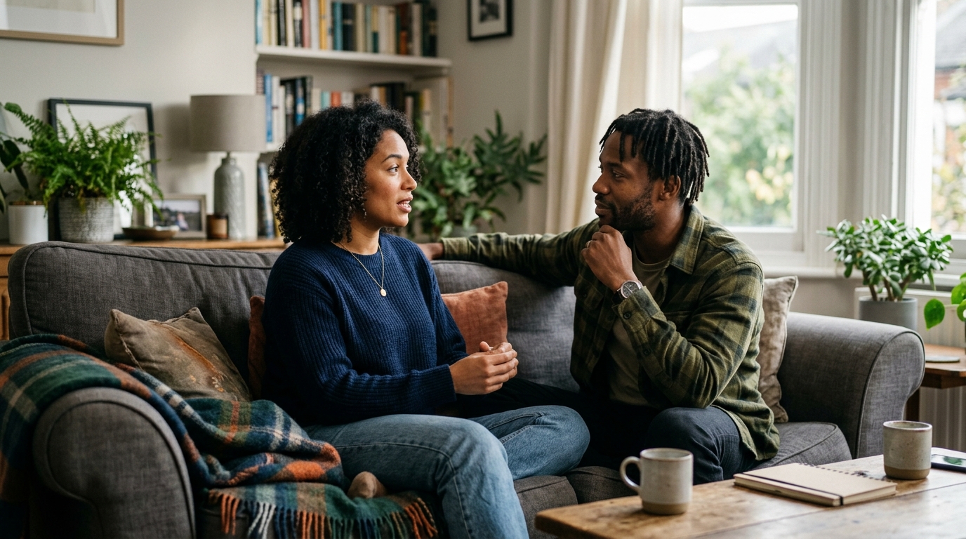Relationship strategies to apply. A couple works something through in calm, honest conversation on a sofa.