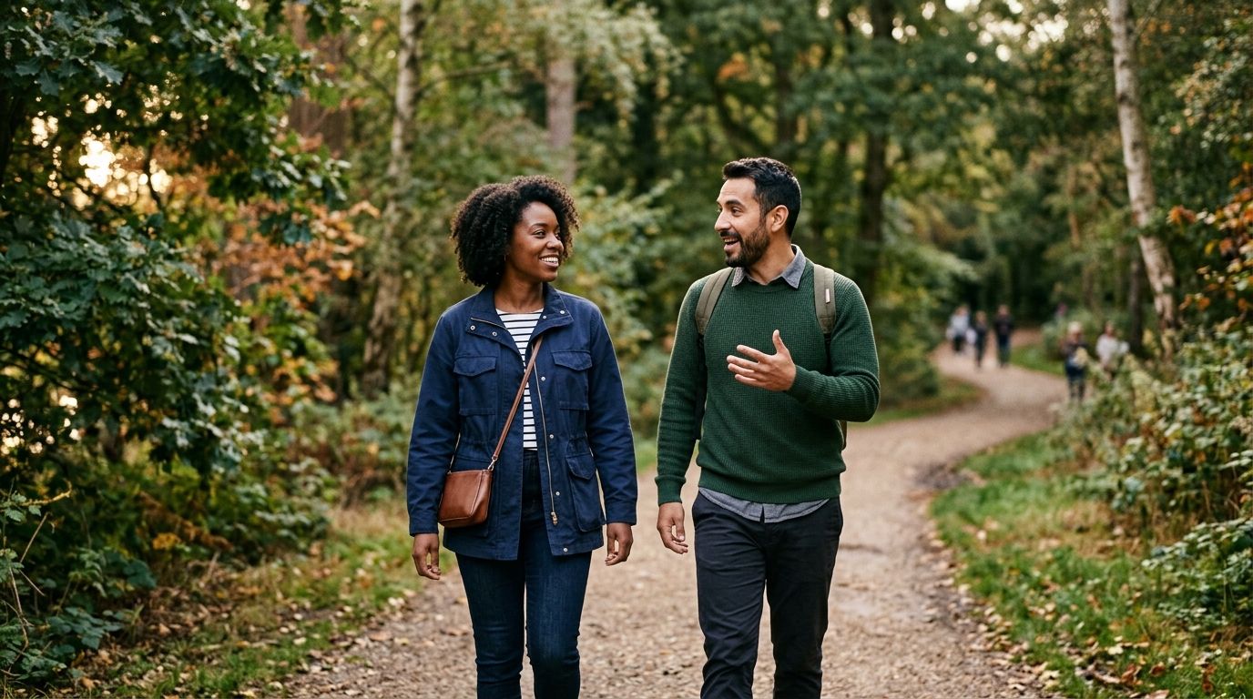 Avoiding old relationship patterns. A couple pauses thoughtfully on a park bench, present and self-aware.