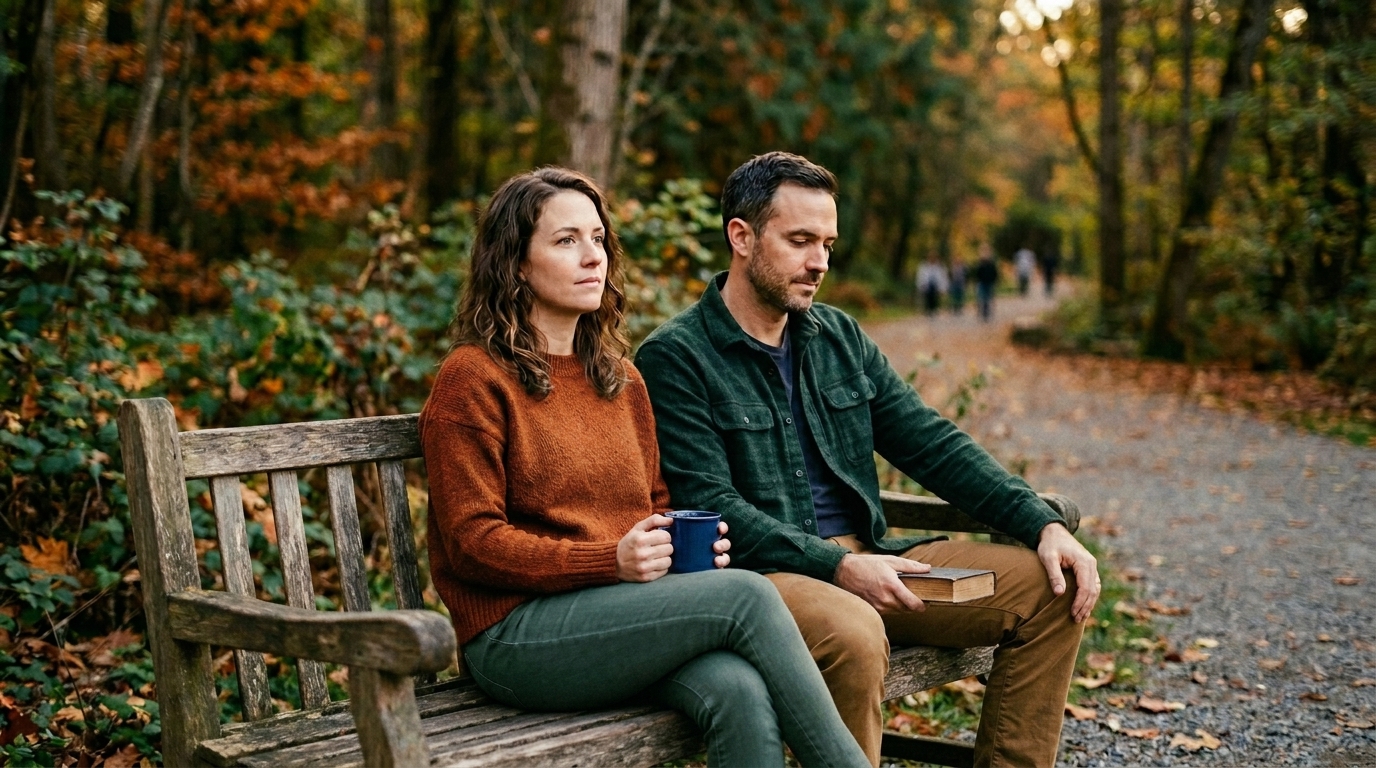 Relationship strategies after a breakup. A couple walks outdoors in easy, connected conversation.