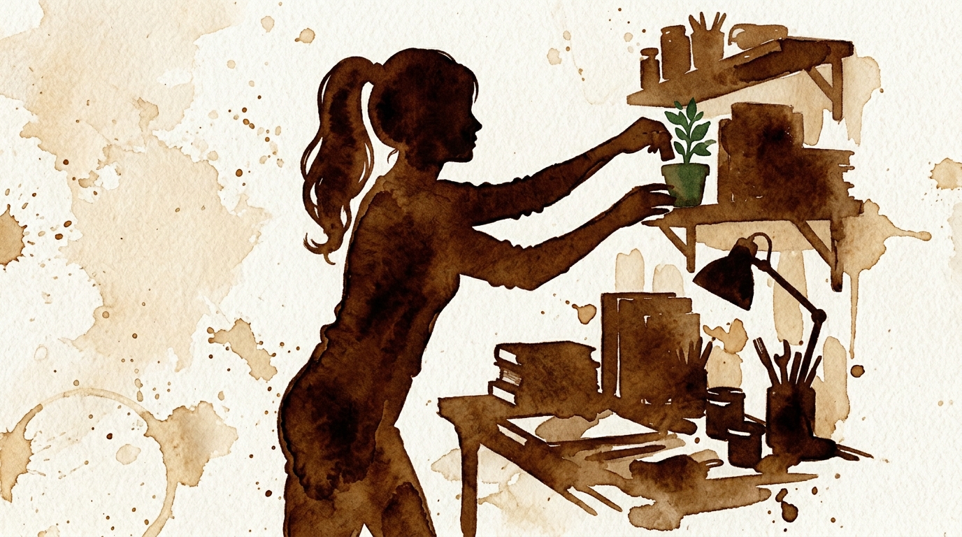 Building an independent self. Woman settled in her own routine, arranging her space the way she likes it.