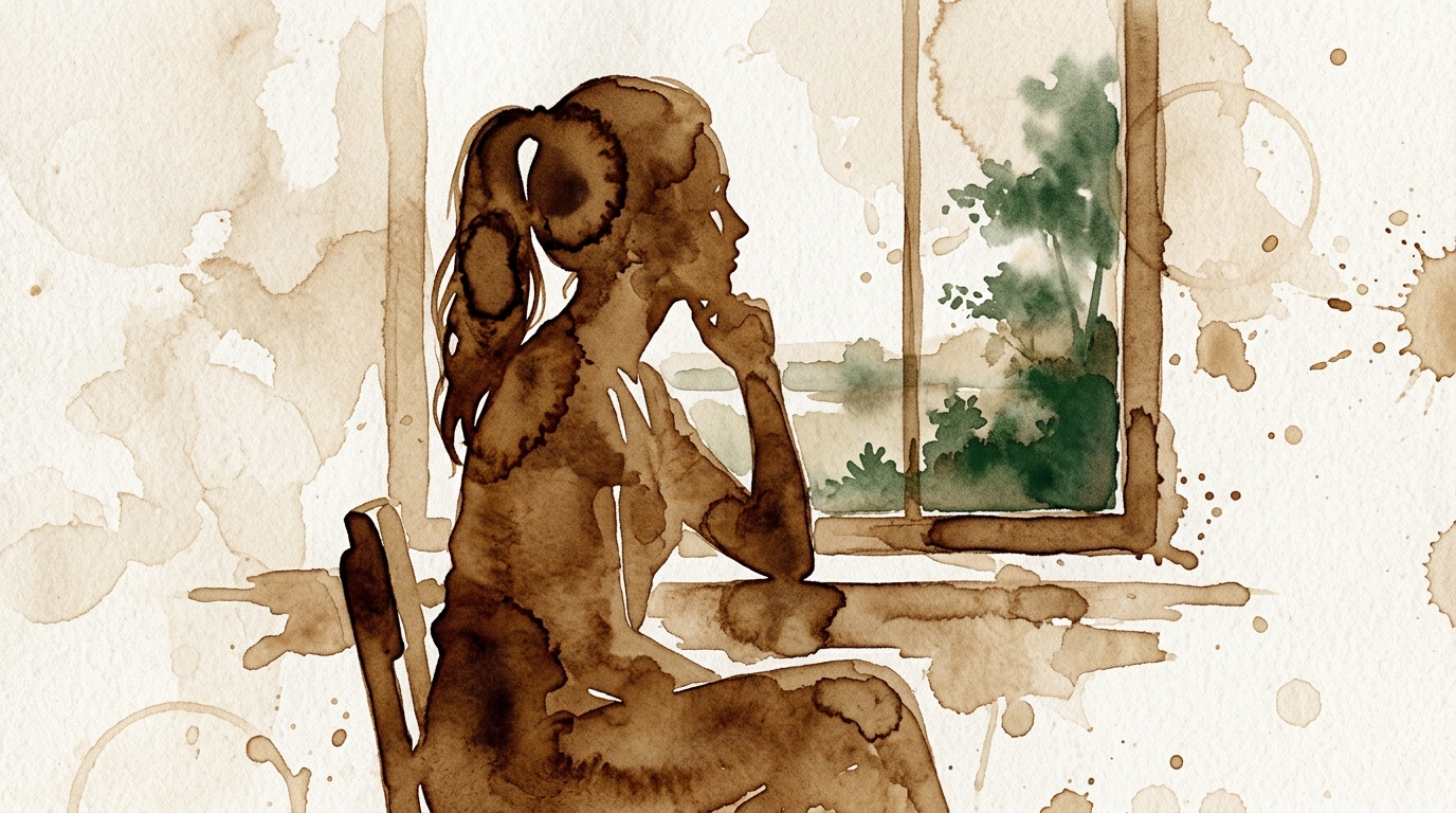 Feeling lost after a breakup. Woman sits at a sunlit window quietly considering, uncertain but open.